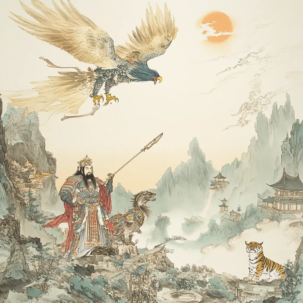 A majestic painting depicts a powerful emperor, adorned in elaborate robes and a crown, standing upon a mountain path with a mythical beast. He holds a long spear, his gaze directed towards a soaring eagle overhead.  In the background, misty mountains rise, punctuated by ancient temples, creating a serene yet powerful atmosphere. A tiger sits calmly in the foreground, adding to the mystical scene. The overall style suggests a blend of traditional Chinese painting and fantasy elements.