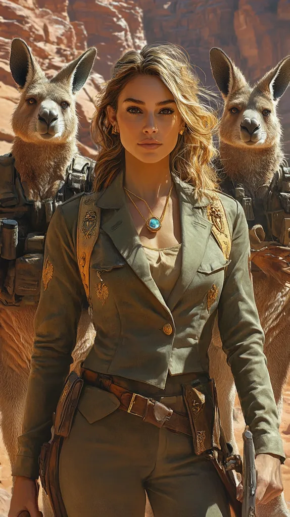 A blonde woman, dressed in a khaki military-style jacket and pants, stands confidently between two kangaroos.  The kangaroos wear backpacks, suggesting a journey.  She wears a turquoise pendant and a brown leather belt with a holster. The arid, rocky landscape behind them emphasizes the adventurous setting.  The image has a stylized, almost cinematic quality.