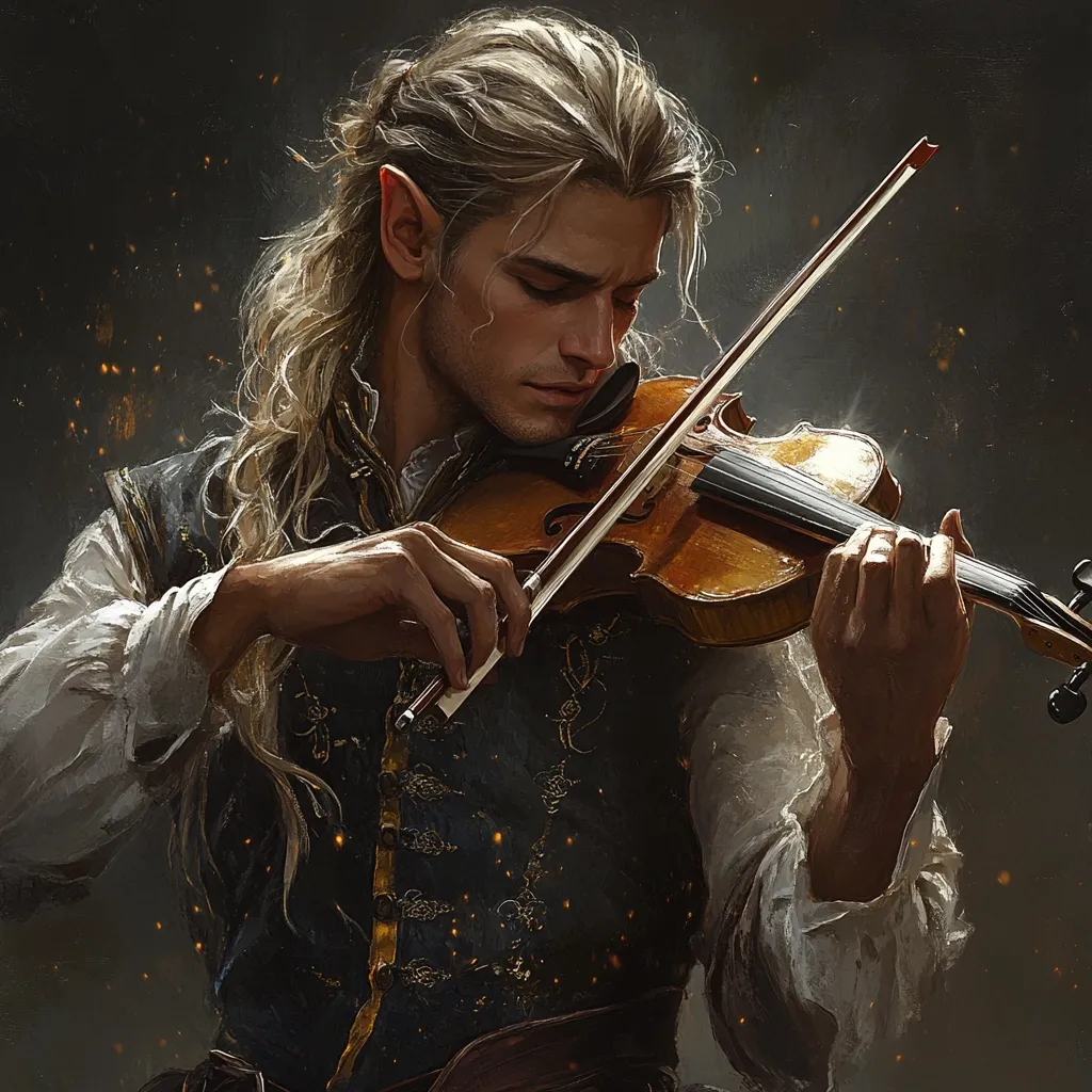 A portrait depicts a fair-skinned elf with long, flowing blond hair, playing a violin. He is dressed in a dark, ornate vest over a white shirt. His expression is serene and focused as his fingers delicately move across the strings. The background is dark and moody, with subtle sparks of light, enhancing the ethereal quality of the image.  The overall mood is one of artistic skill and melancholic beauty.