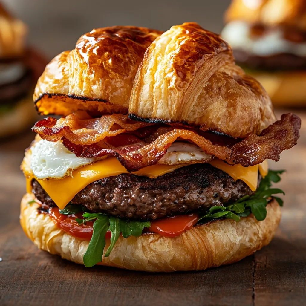 A mouthwatering croissant burger is the star of this close-up shot.  The flaky croissant bun cradles a juicy beef patty, melted cheese, crispy bacon, a fried egg, and fresh arugula.  A touch of ketchup adds a vibrant color contrast.  The burger rests on a dark wooden surface, highlighting its delicious textures and rich ingredients.  Blurred background elements suggest other similar burgers, emphasizing the abundance of this tempting meal.