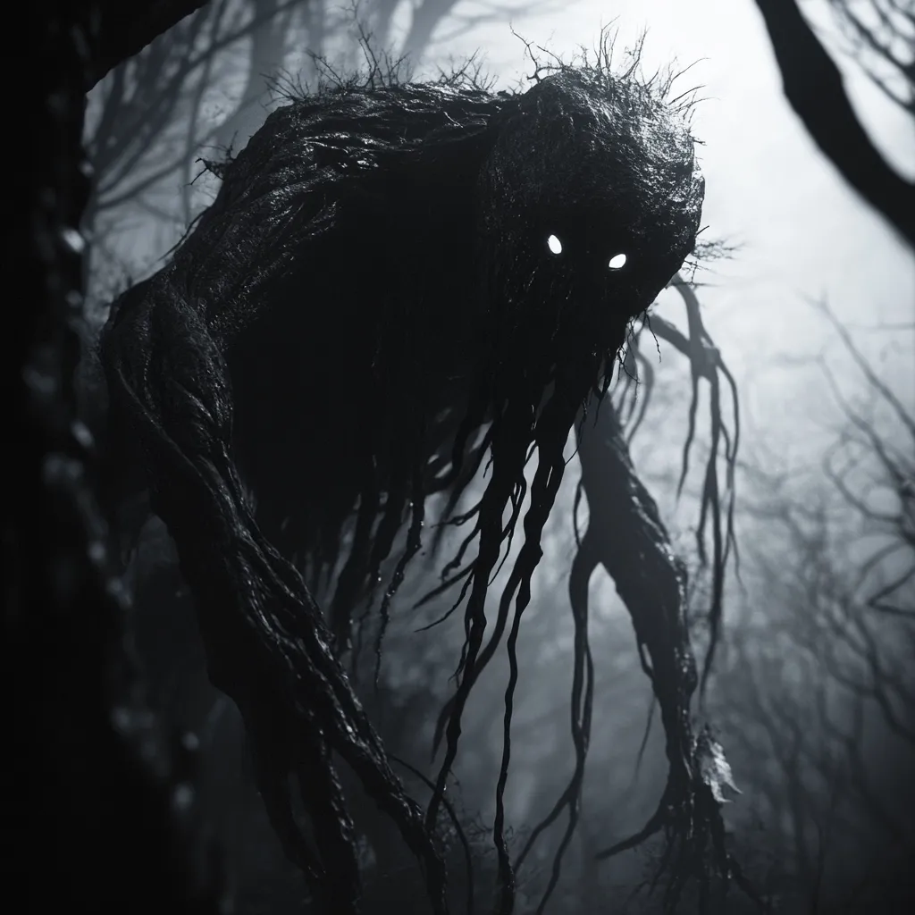 A menacing, dark creature lurks within a misty forest.  Its form is vaguely humanoid, composed of gnarled wood and roots, with glowing white eyes peering from the shadows.  Long, tendril-like appendages hang down, obscuring its lower body. The overall impression is one of primal horror and lurking danger within the dark woods.  The creature is shrouded in a spectral fog, adding to its eerie presence.