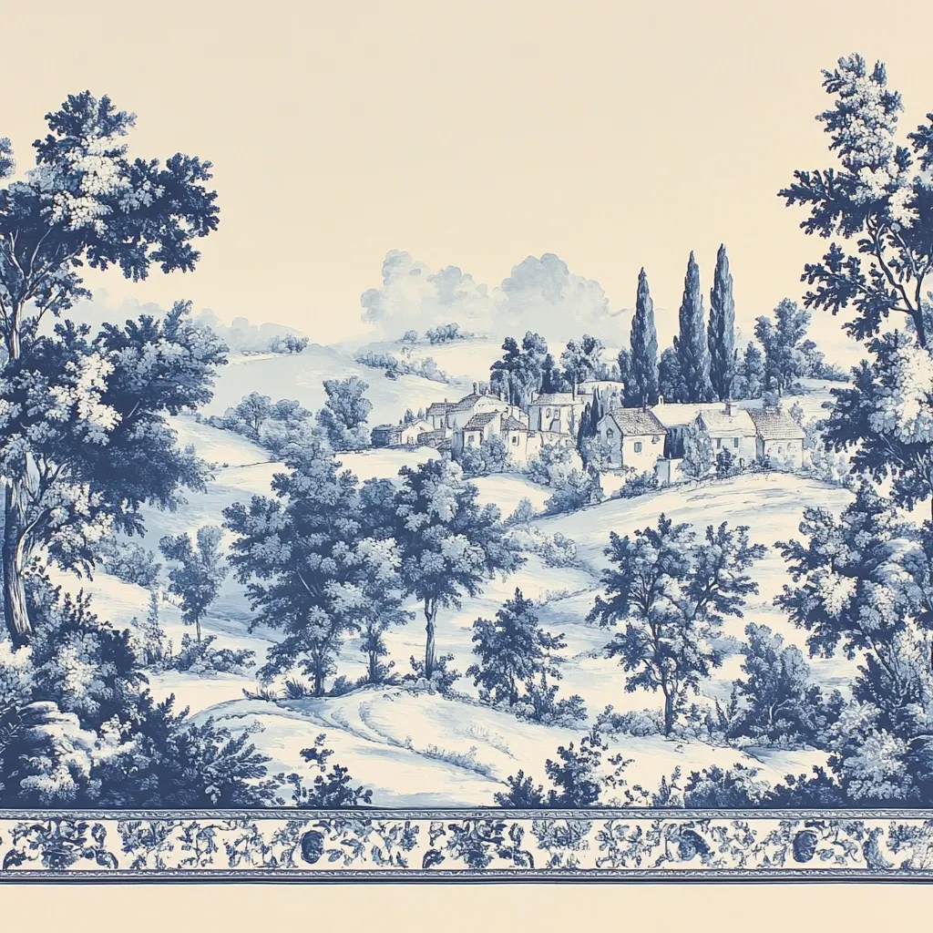 A serene blue and white toile wallpaper depicts a picturesque countryside scene.  Rolling hills dotted with lush trees and a charming village nestled amongst them create a tranquil atmosphere.  Tall cypress trees stand prominently in the background, adding depth to the pastoral landscape.  A delicate floral border completes the design, enhancing its elegant and classic appeal.