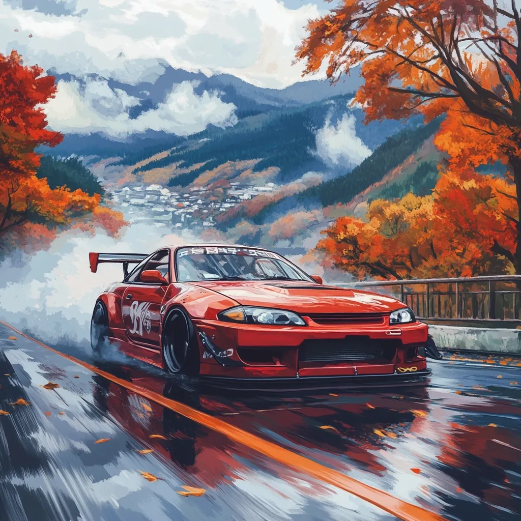 A vibrant illustration depicts a red sports car drifting on a rain-slicked road.  Autumn leaves and trees frame the scene, set against a backdrop of misty mountains and a small village nestled in the valley.  The car's motion is emphasized by blurred tire marks and water streaks on the asphalt.  The overall mood is one of dynamic energy and serene autumnal beauty.