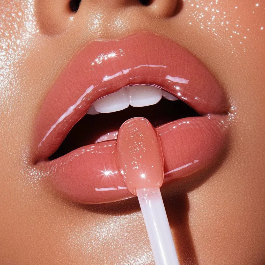 Close-up of a person's lips with glossy, light pink lip gloss being applied with an applicator. The gloss is highly reflective, and the lips are full and plump. The skin around the lips has a subtle shimmer. The overall aesthetic is clean, glamorous, and focused on the beauty of the lip gloss.