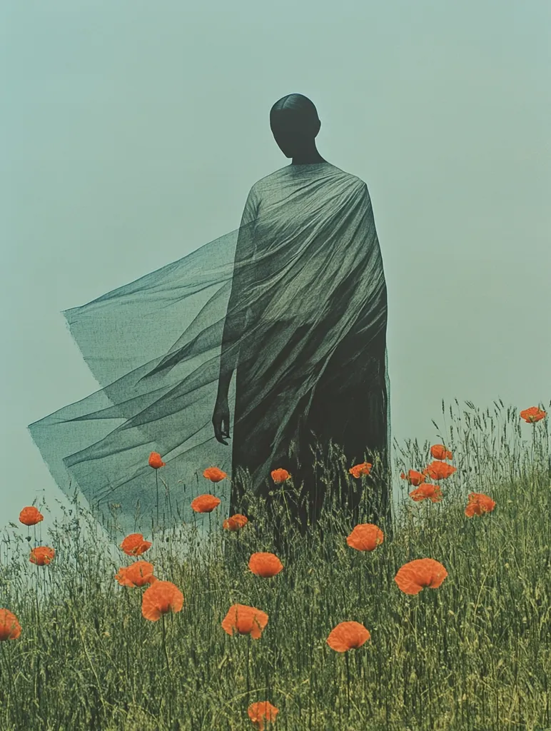 A faceless figure, draped in a flowing, dark, sheer garment, stands amidst a field of vibrant orange poppies. The muted background and the figure's ambiguous form create a mysterious and ethereal atmosphere. The contrast between the dark clothing and the bright flowers is striking, suggesting themes of concealment and vulnerability. The overall image evokes a sense of quiet contemplation and the passage of time.