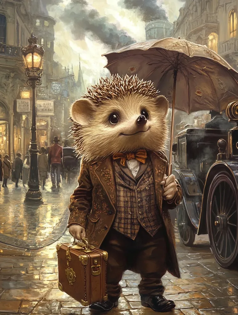 A dapper hedgehog, dressed in a brown coat, waistcoat, and bow tie, stands on a cobblestone street. He carries a vintage suitcase and holds a brown umbrella.  The background depicts a 19th-century city scene with gas lamps and horse-drawn carriages, creating a whimsical, anthropomorphic portrayal.  The hedgehog's expression is pleasant and charming.