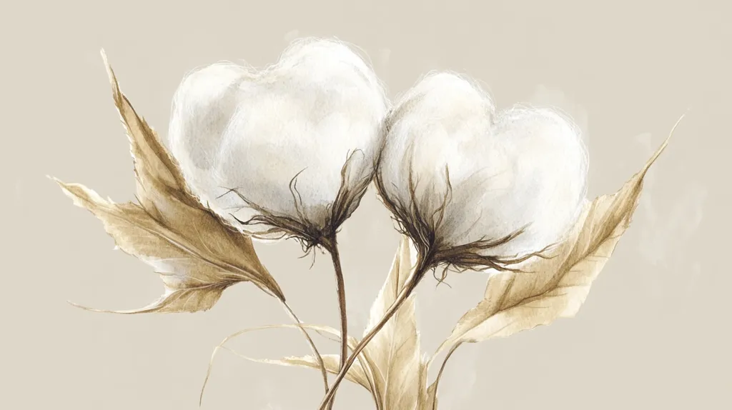 A watercolor painting showcases two fluffy cotton blossoms, their white softness contrasting with the muted beige background.  The cotton is depicted with delicate detail, highlighting the texture and subtle shadows.  Dried, brown leaves frame the blossoms, adding a touch of autumnal warmth and enhancing the overall serene aesthetic.  The piece evokes a feeling of calmness and natural beauty.