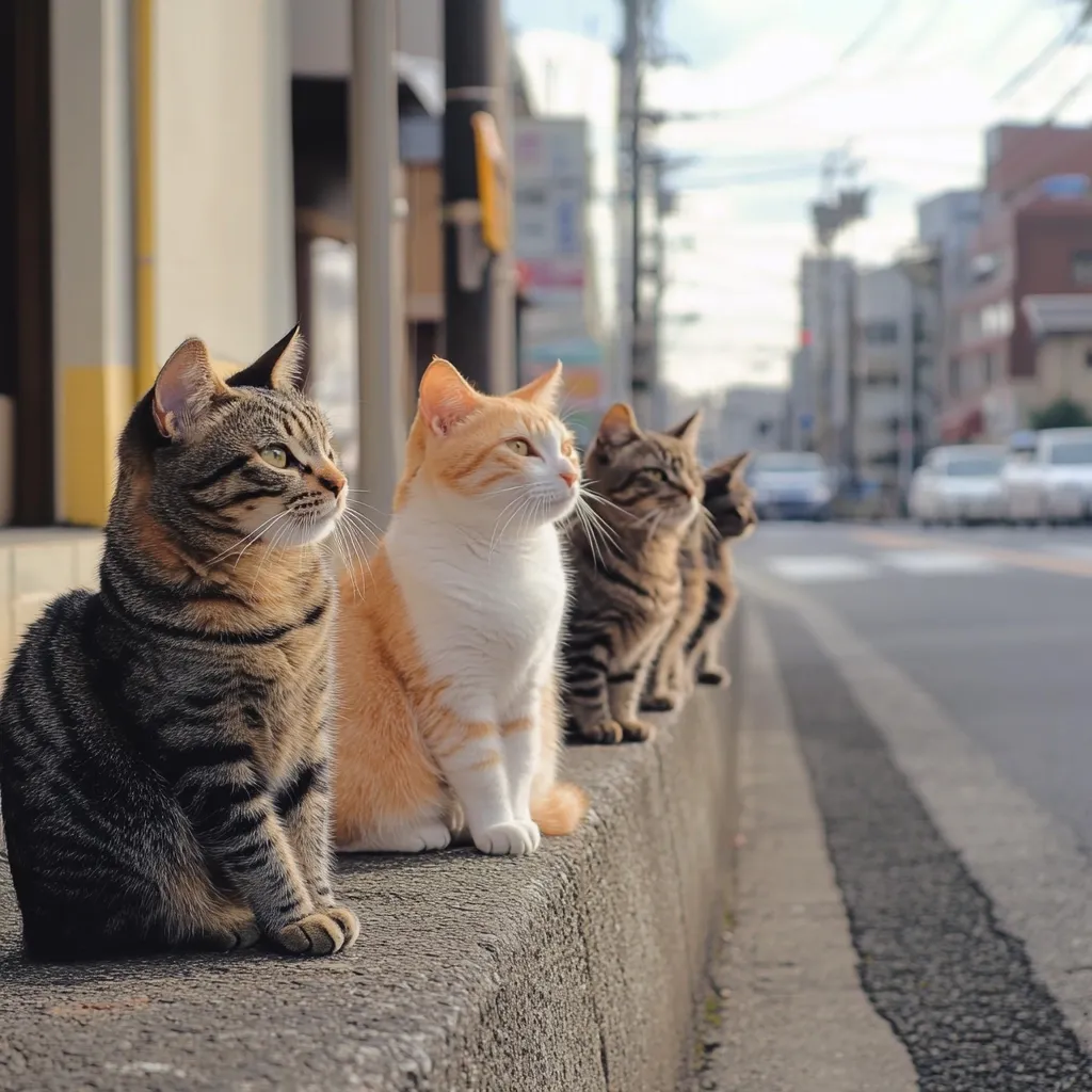 Four cats sit in a row on a low curb, observing a quiet street scene.  The first is a tabby, followed by an orange and white cat, then two brown tabby cats.  The background shows a blurred cityscape, suggesting a residential area. The cats are calm and appear to be waiting patiently.  The overall tone is peaceful and serene.