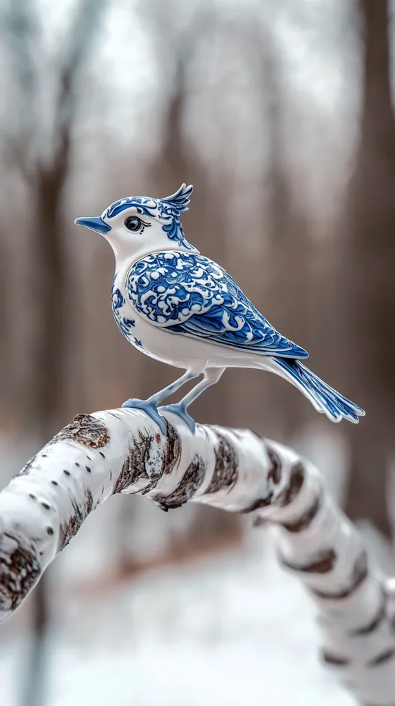 A delicately crafted porcelain bird, adorned with intricate blue and white designs reminiscent of Delftware, perches gracefully on a snow-dusted birch branch.  The bird's plumage is detailed with swirling patterns, and its pose is elegant and lifelike. The blurred background of a winter forest enhances the figurine's beauty and creates a serene atmosphere.
