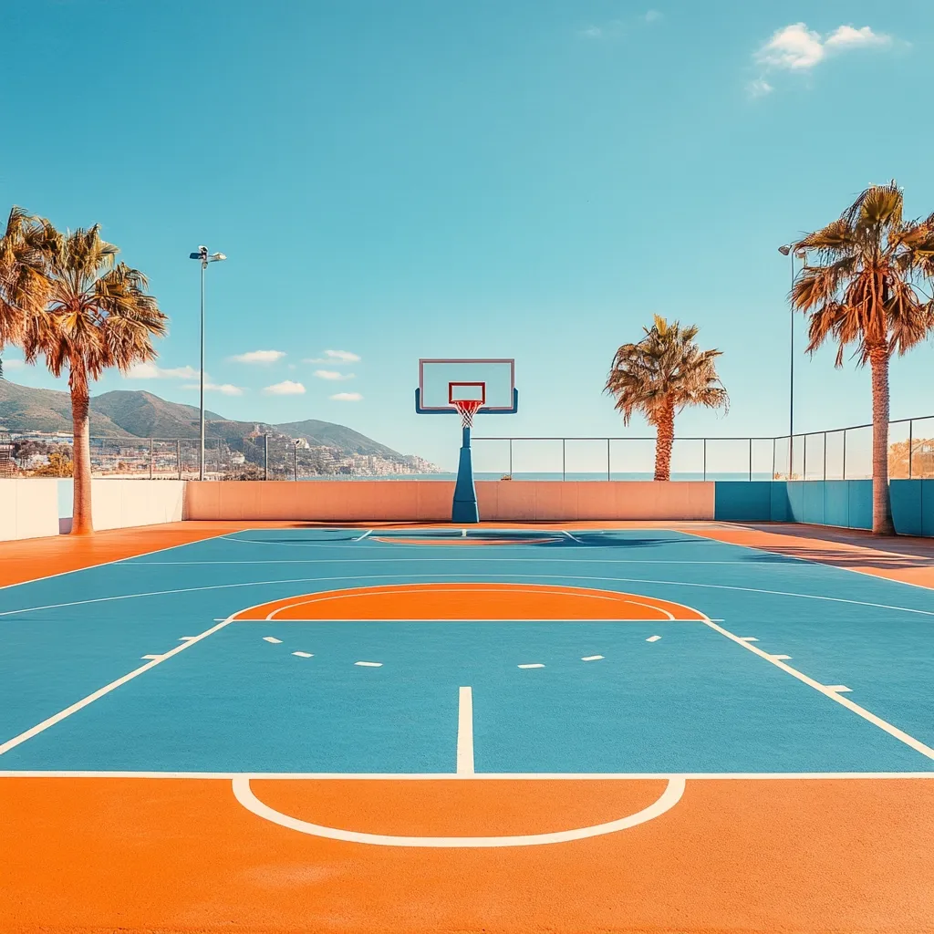 A vibrant outdoor basketball court boasts a teal blue surface with bold orange accents.  Palm trees frame the court, which overlooks a calm ocean and distant mountains under a clear blue sky. The scene is bathed in bright sunlight, creating a cheerful and idyllic atmosphere.  The modern court design and stunning backdrop combine for a visually striking image.