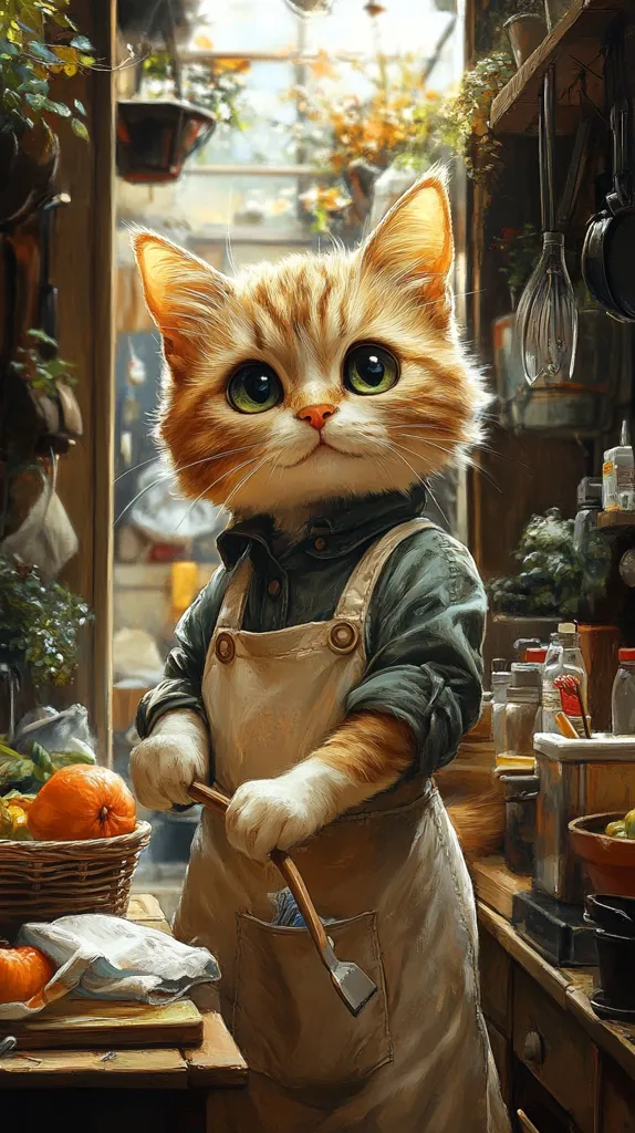 A charming ginger cat, dressed in a green shirt and apron, stands in a rustic kitchen.  Its large, expressive eyes gaze intently as it delicately holds a small wooden tool.  Oranges sit in a basket nearby, adding to the warm, inviting atmosphere of the scene.  The kitchen is filled with various utensils and jars, creating a cozy and detailed backdrop.