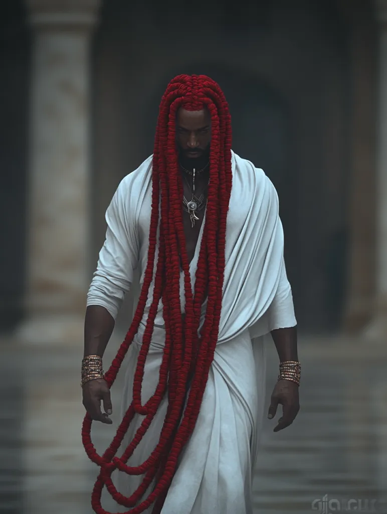A dark-skinned man with long, thick, crimson dreadlocks cascading down his chest, wears a flowing, light gray robe.  He is adorned with gold bracelets on his wrists and a gold necklace partially obscured by his hair.  His gaze is downward, his expression serious, creating a dramatic and mysterious image. The background suggests an ancient or classical setting.