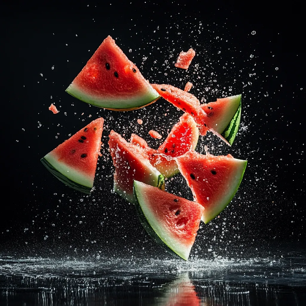 Multiple watermelon slices explode in mid-air against a black backdrop, creating a vibrant splash of water droplets.  The bright red fruit contrasts sharply with the dark background, highlighting the juicy texture.  The image captures a dynamic moment of playful destruction, showcasing the freshness and energy of the watermelon.  Water droplets surround the falling pieces, enhancing the sense of motion.