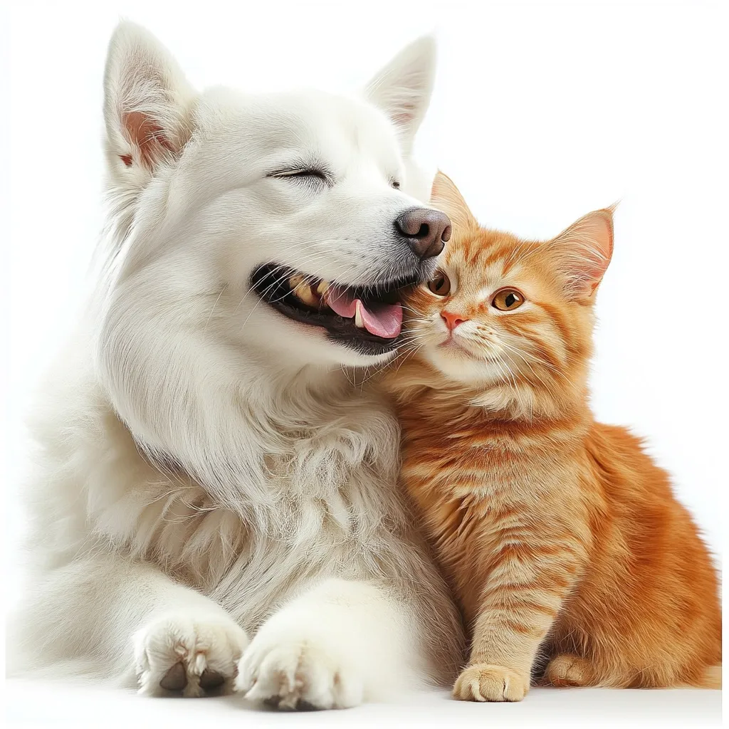 A fluffy white dog with its eyes closed rests its head against a ginger cat.  The dog appears relaxed and content, its mouth slightly open. The cat sits attentively, its gaze directed slightly away. Both animals are positioned against a stark white background, emphasizing their soft fur and gentle expressions.  The image conveys a sense of warmth and companionship between the two pets.