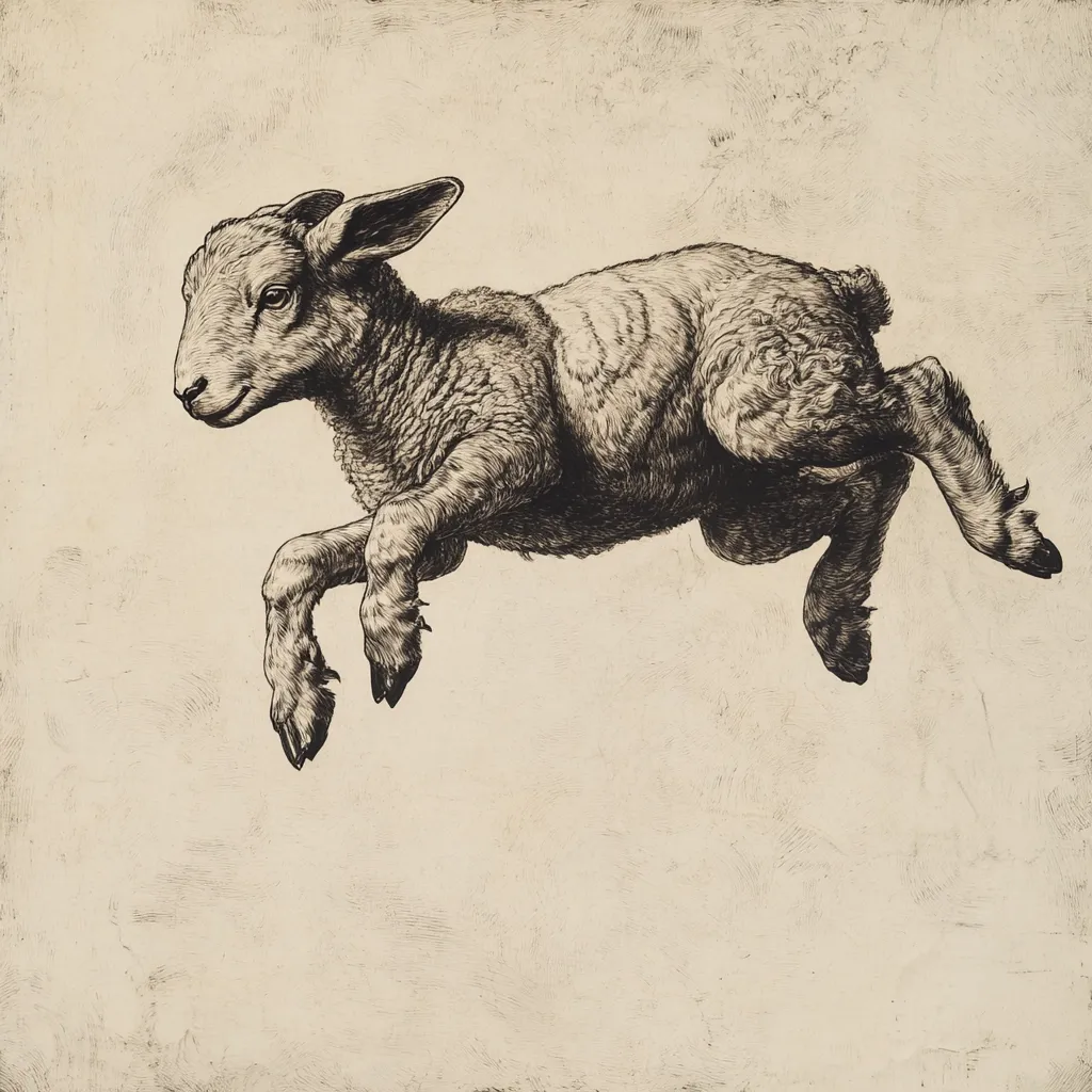 A detailed black and white drawing depicts a lamb mid-leap, its body suspended in the air.  The lamb's fleece is meticulously rendered, showcasing individual hairs.  Its legs are outstretched, and its expression is serene. The background is a textured, off-white surface, providing contrast to the dark ink of the lamb. The overall style is realistic with a touch of surrealism due to the lamb's airborne position.