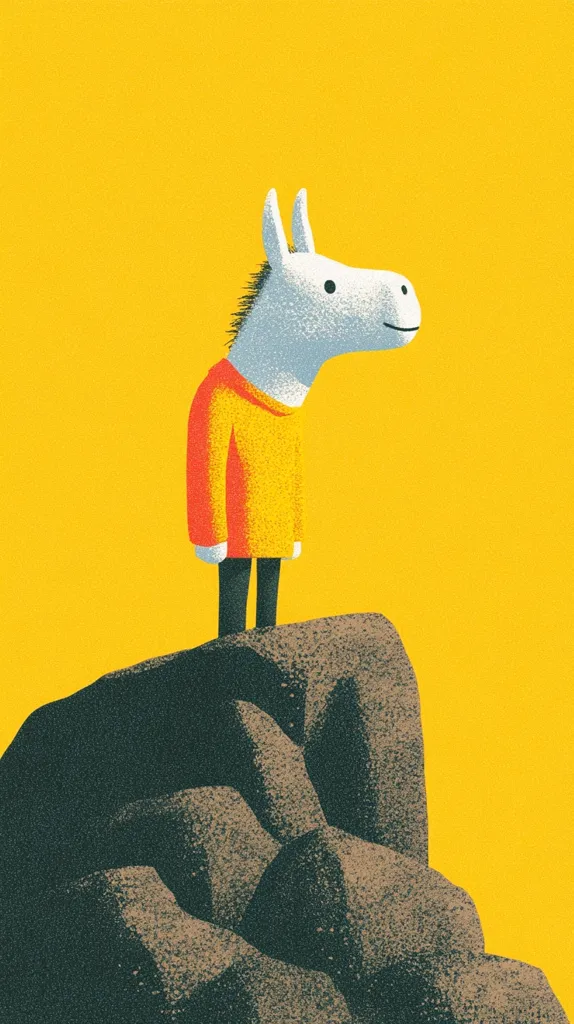 A stylized illustration depicts a white horse-like creature, wearing a yellow long-sleeved shirt and dark trousers, standing atop a dark grey, textured rock formation.  The background is a vibrant yellow. The overall style is minimalist and graphic, with a textured, almost stippled effect applied to the figures and background.  The creature's expression is serene, and its posture is upright and contemplative.