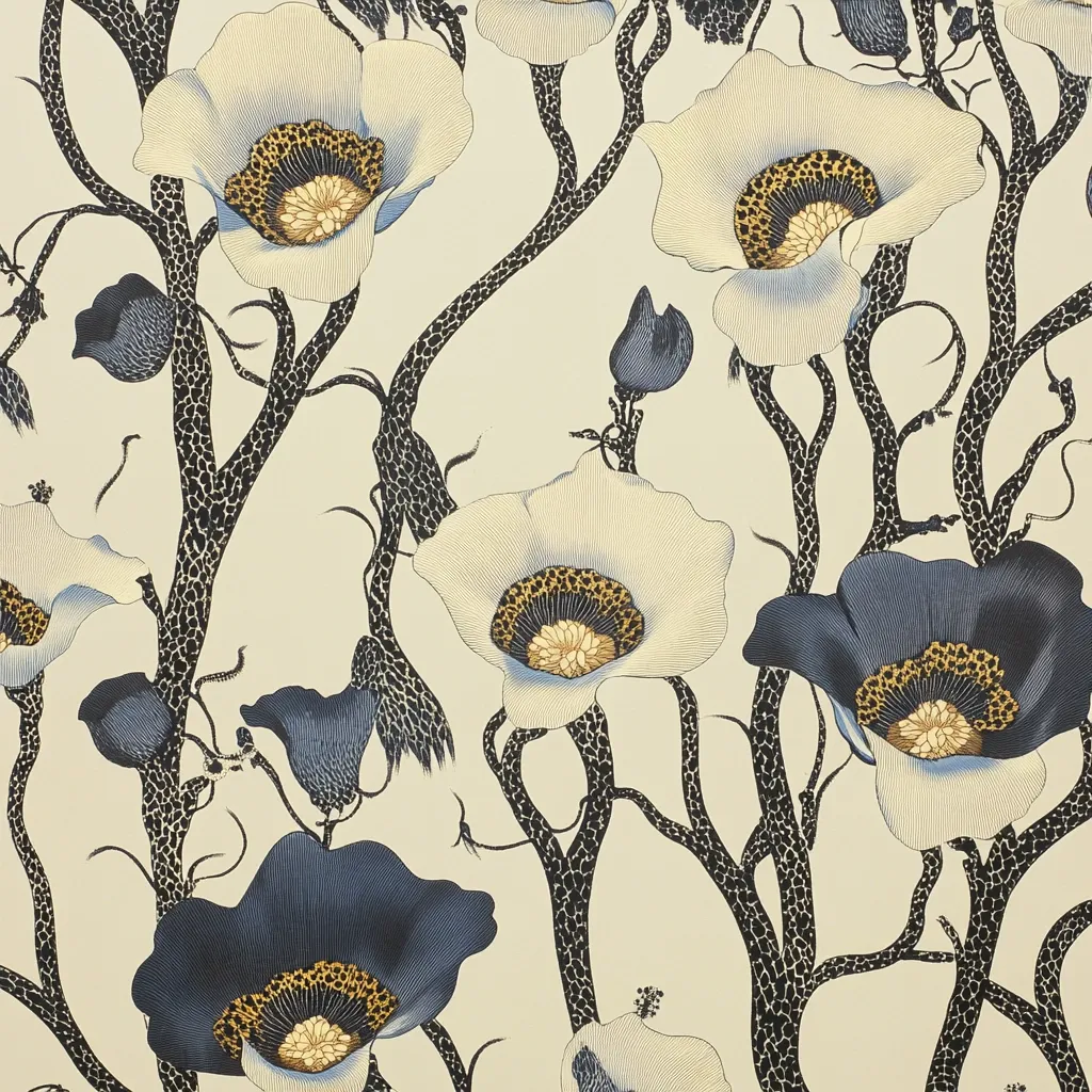 A cream-colored background features a repeating pattern of stylized flowers and dark, textured stems.  Large, open blooms in off-white and deep blue alternate, each with a central cluster of gold and dark brown.  The stems are intricate and branch-like, creating a dense, organic feel. The overall style is reminiscent of Art Nouveau or botanical illustration.