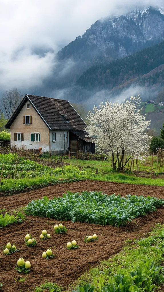 A quaint farmhouse sits nestled in a verdant garden, against a backdrop of majestic, mist-shrouded mountains.  Rows of cultivated crops, including leafy greens and what appear to be melons, fill the foreground.  A blossoming white tree adds a touch of springtime elegance to the idyllic scene. The overall atmosphere is peaceful and serene, evoking a sense of rural tranquility.