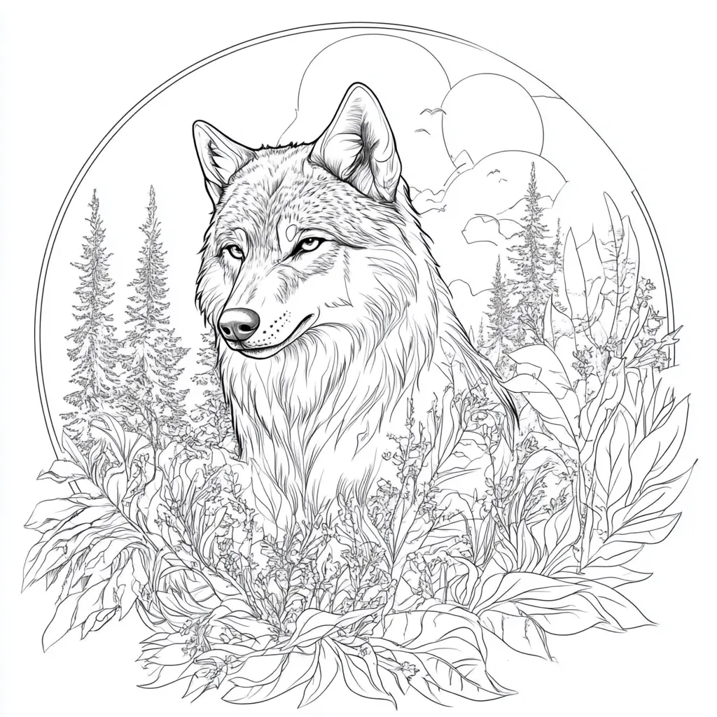 A detailed line drawing showcases a wolf's head and shoulders, framed by lush foliage and a circular backdrop.  The wolf, rendered in intricate detail, gazes serenely.  Evergreen trees and flowering plants surround the wolf, creating a peaceful, woodland scene under a partially visible moon. The style suggests a coloring book page or tattoo design.