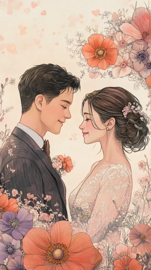 A romantic illustration depicts a beautifully dressed couple, faces gently touching, surrounded by a vibrant array of flowers.  The man is in a dark suit, the woman in a delicate lace gown. Their expressions are serene and loving, suggesting a tender moment of intimacy.  The soft color palette and floral details create a feeling of warmth and affection.  The overall style is reminiscent of delicate watercolor painting.