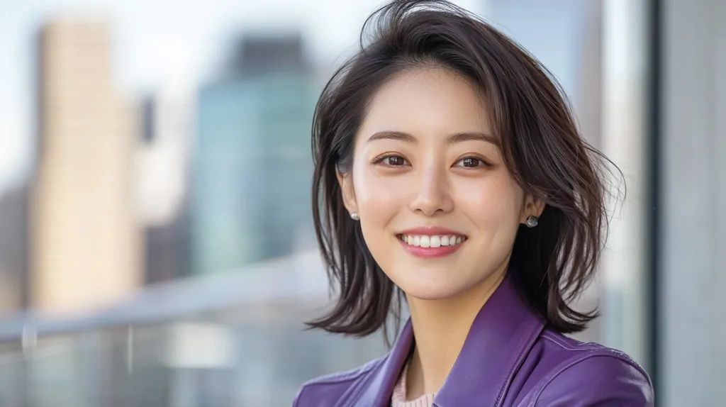 A young woman with shoulder-length dark hair smiles warmly at the camera.  She's wearing a purple leather jacket and small earrings.  The background is blurred, suggesting an urban setting with modern buildings. Her expression is friendly and approachable, conveying a sense of confidence and ease.  Her skin is clear and her smile bright.