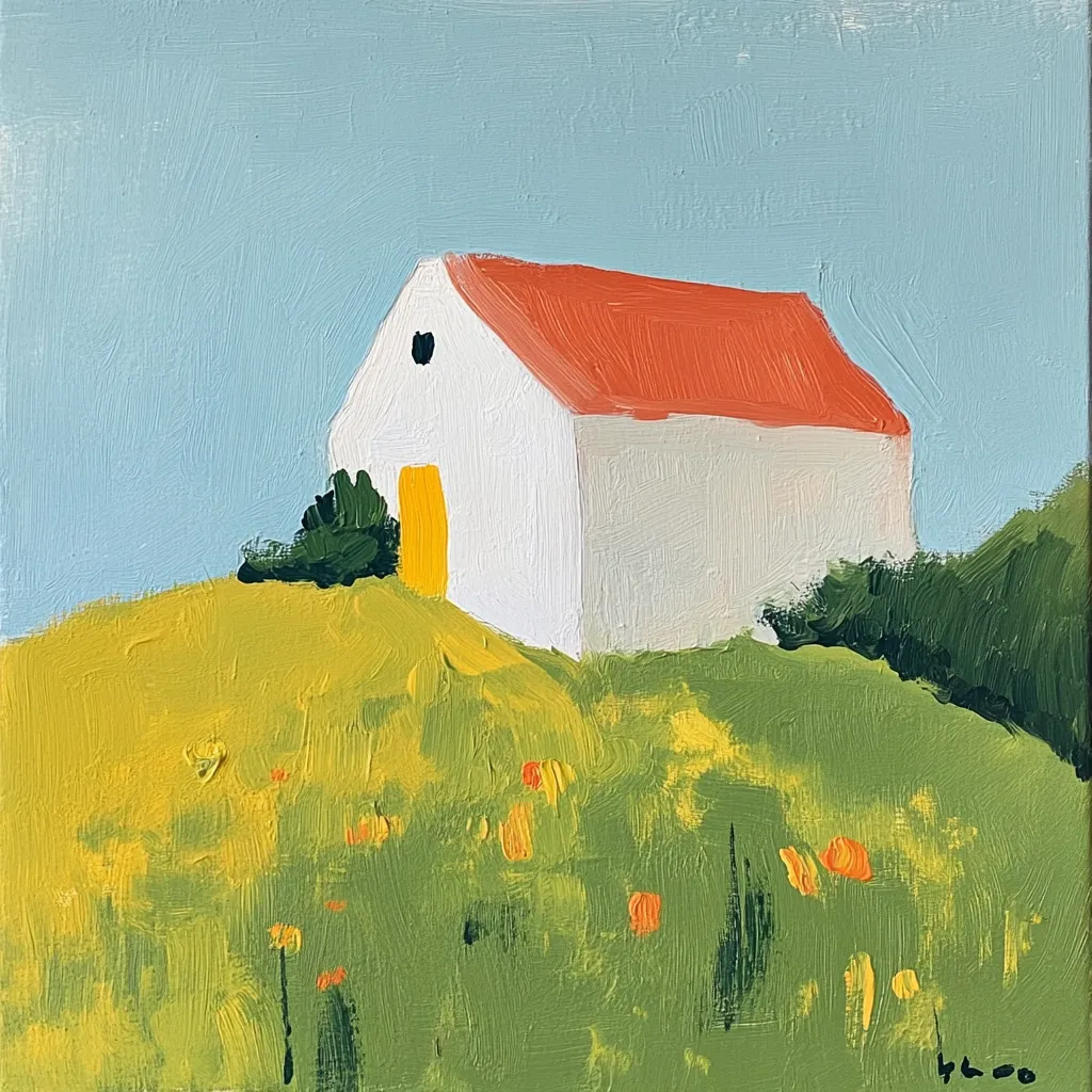 A charming painting depicts a small, white house with a coral roof nestled on a verdant hill.  The house features a bright yellow door.  The foreground is filled with loosely brushed strokes of green and yellow, suggesting a field of wildflowers.  The sky is a pale, tranquil blue. The overall style is loose and impressionistic, evoking a sense of peaceful countryside.