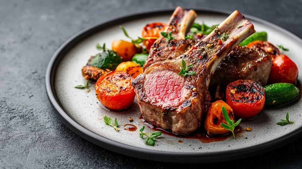 Two delicious grilled lamb chops are presented on a plate, alongside roasted cherry tomatoes and zucchini.  The lamb is seasoned and cooked to a perfect medium-rare, showcasing a juicy interior.  The vibrant colors of the vegetables contrast beautifully with the rich brown of the meat.  A sprig of thyme adds a final touch of elegance to this visually appealing dish.