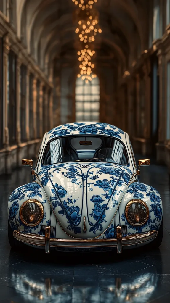 A classic Volkswagen Beetle, adorned with a striking blue and white floral design reminiscent of porcelain, sits in a grand, arched hallway. The car's gold accents complement the intricate artwork, creating a luxurious and unique aesthetic. The hallway's architecture and soft lighting enhance the image's elegant and sophisticated atmosphere. The reflection of the car on the polished floor adds depth and symmetry to the composition.