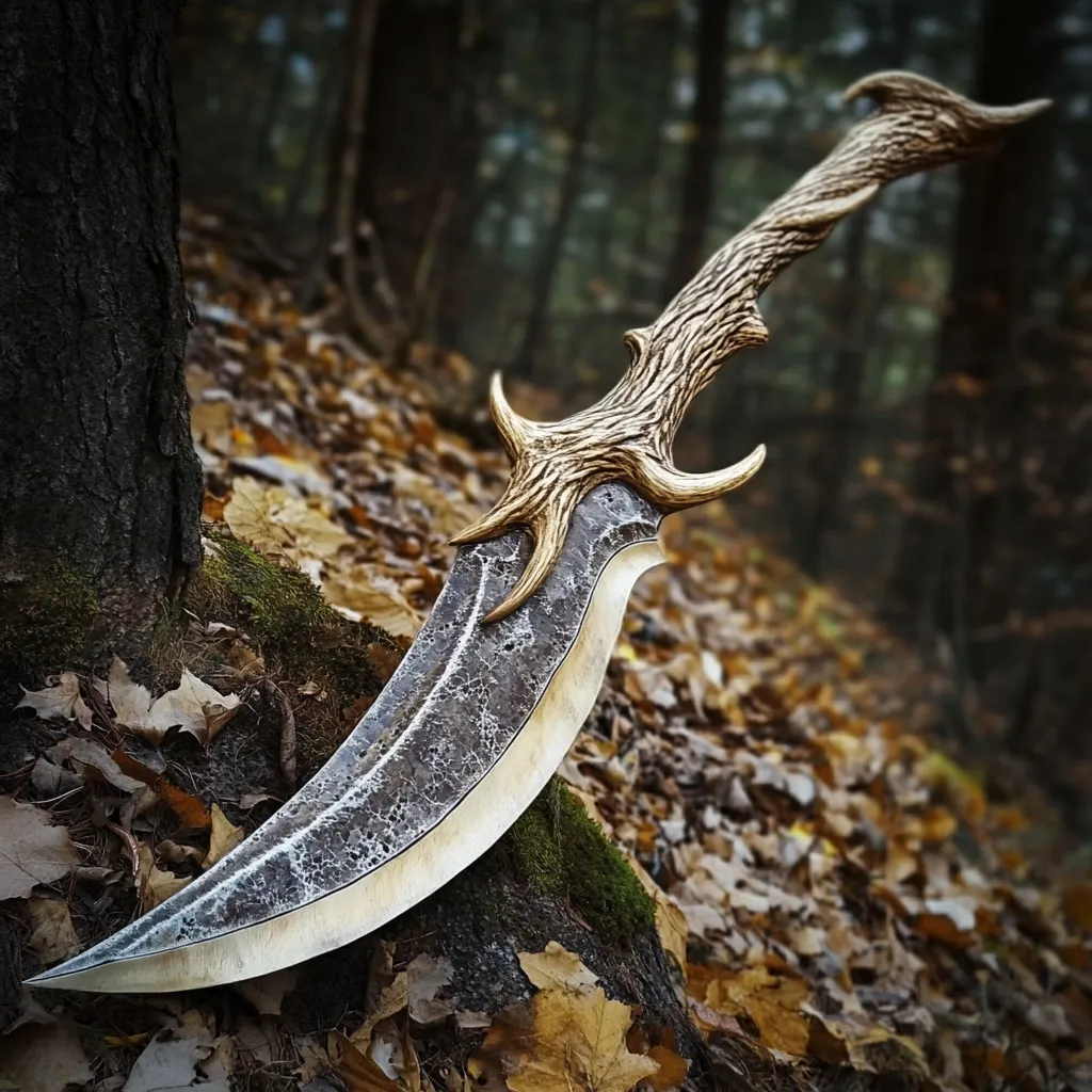 A meticulously crafted fantasy dagger rests on a mossy forest floor, surrounded by fallen autumn leaves.  The blade's dark, textured metal contrasts with the light gold-toned, antler-like hilt.  The hilt's intricate design suggests organic, natural origins, blending seamlessly with the woodland setting.  The overall aesthetic evokes a sense of mystical power and artistry.