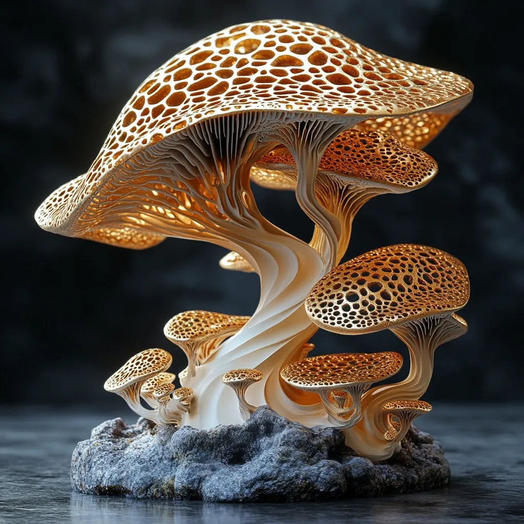 A digitally rendered image showcases a cluster of intricately designed mushrooms.  The caps are a rich golden color with a porous, honeycomb texture, contrasting with the smooth, off-white stems that intertwine in a swirling, organic pattern. The mushrooms appear to grow from a dark grey, rocky base, creating a striking visual of fantastical, almost metallic flora against a dark background. The overall effect is surreal and elegant.