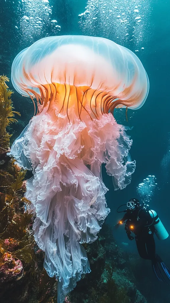A diver encounters a majestic jellyfish in a vibrant underwater scene.  The jellyfish, with its translucent bell and flowing, delicate tentacles, displays a stunning array of peach and white hues.  The diver, equipped with scuba gear and a light, observes the creature from a respectful distance.  The background features a dark teal ocean and rocky reef, creating a captivating contrast with the jellyfish's ethereal beauty. Bubbles rise through the water, adding to the scene's dynamic underwater atmosphere.
