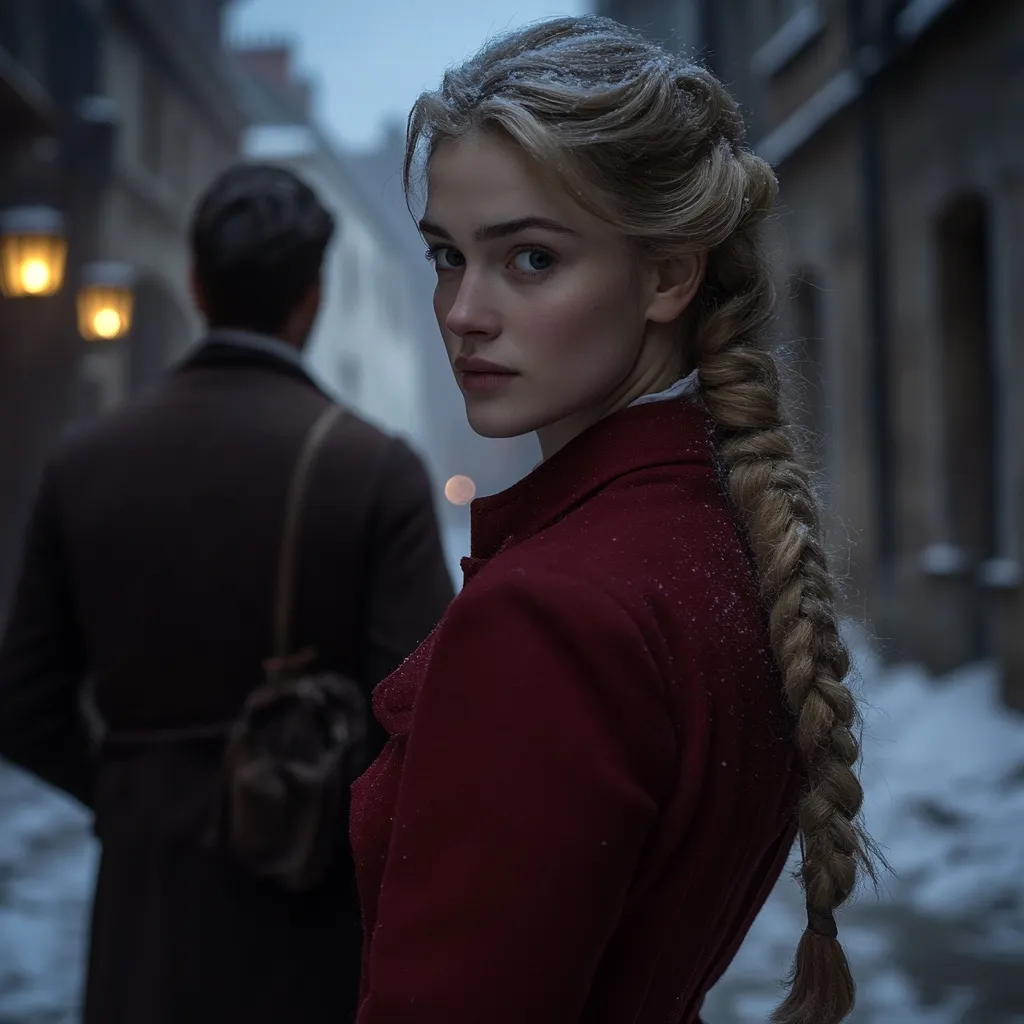 A young woman, her blonde braid dusted with snow, turns to look over her shoulder.  She's dressed in a dark crimson coat, her expression serious and slightly pensive.  A man in a dark coat walks ahead, slightly out of focus, suggesting a scene of quiet contemplation or perhaps a clandestine meeting in a snowy, historic street.  The overall mood is one of mystery and quiet drama.