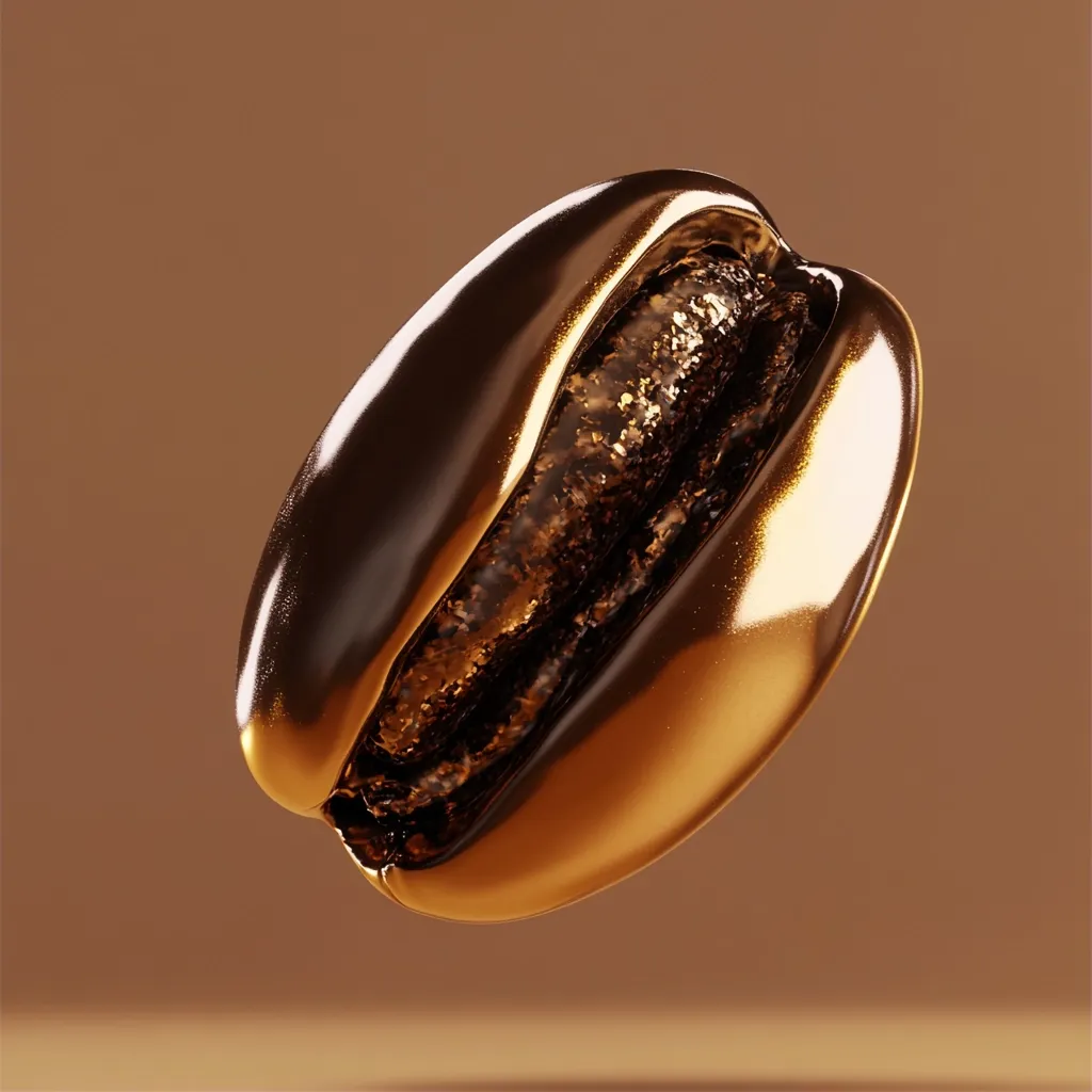 A single coffee bean, rendered in 3D, is depicted against a muted brown background.  The bean is uniquely styled with a golden, glossy exterior shell, contrasting with a darker, textured interior that suggests roasted coffee. The image highlights the bean's shape and texture with dramatic lighting.  The overall aesthetic is luxurious and visually appealing.