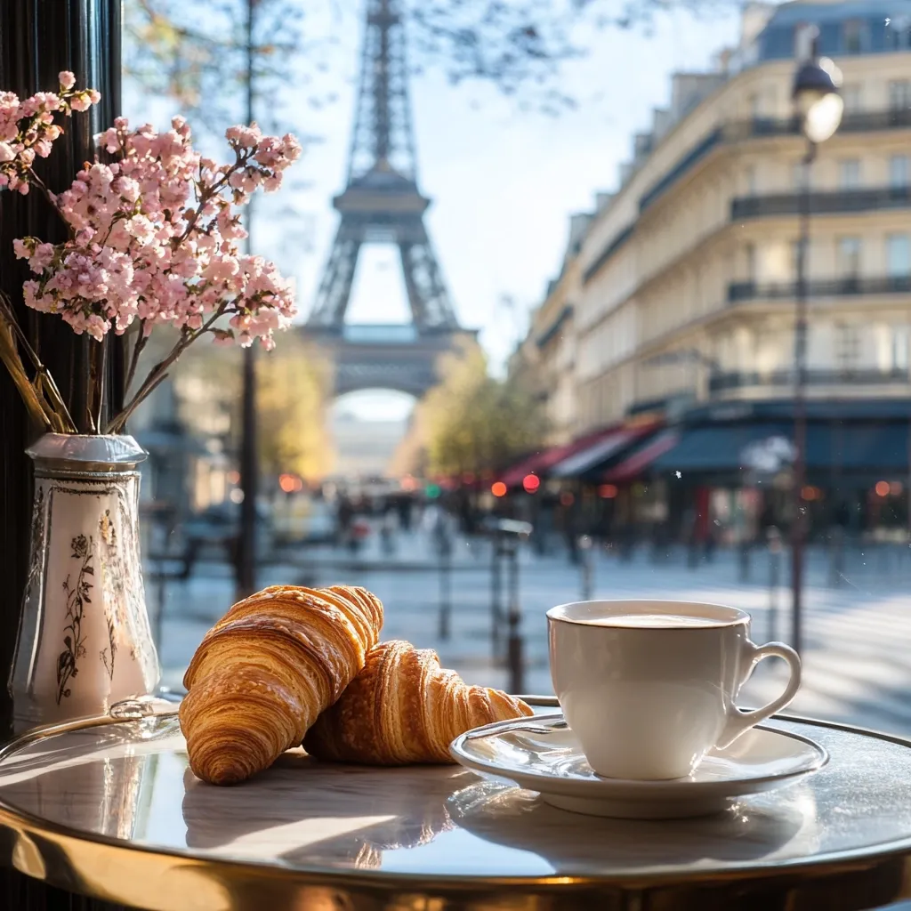 A Parisian café scene unfolds with a view of the Eiffel Tower.  Two golden-brown croissants sit on a table beside a cup of coffee, bathed in sunlight.  A delicate vase of pink blossoms adds a touch of springtime elegance. The blurred background showcases a charming Parisian street, creating a romantic and idyllic atmosphere.