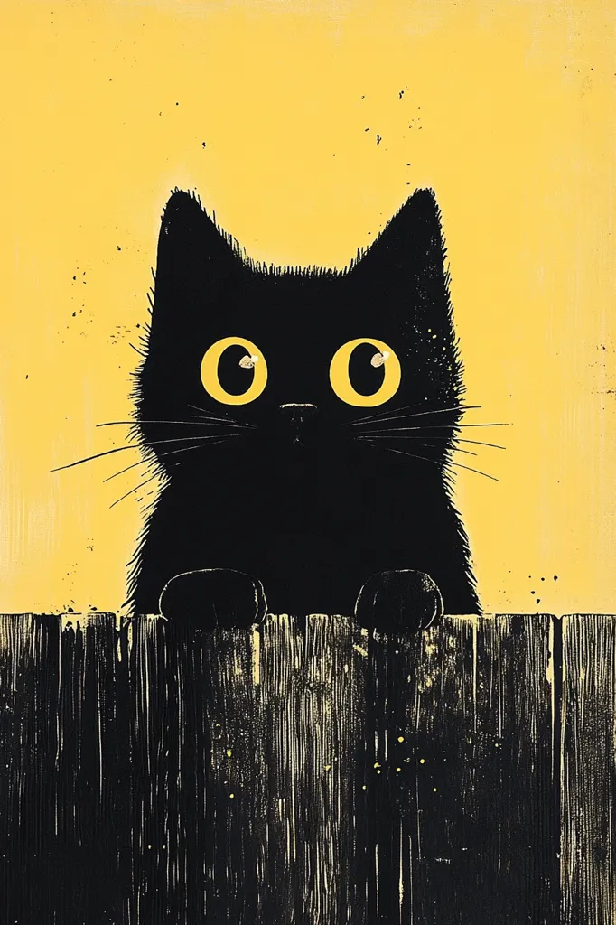 A stylized illustration features a black cat with large, bright yellow eyes peering over a dark wooden fence against a yellow background. The cat's silhouette is stark against the vibrant yellow, creating a striking contrast. The image employs a minimalist style, with bold lines and simple shapes.  The overall effect is playful yet slightly mysterious.