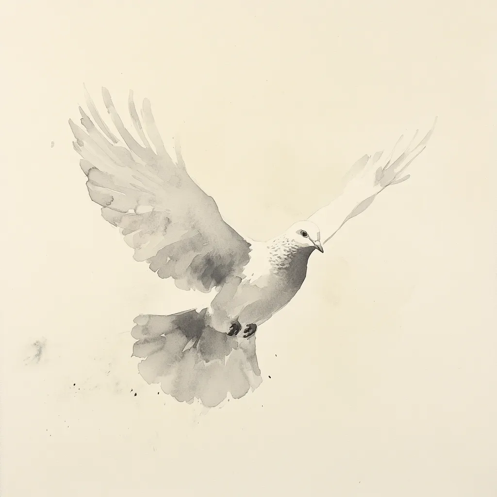 A grayscale watercolor painting depicts a dove in flight.  Its wings are spread wide, feathers delicately rendered with washes of gray, creating a sense of motion and grace. The bird's body is subtly detailed, its head turned slightly towards the viewer. The background is a soft, muted beige, emphasizing the bird as the focal point.  The overall impression is one of peace and serenity.