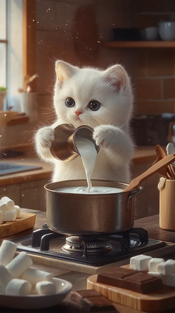 A fluffy white kitten carefully pours milk from a small metal pitcher into a pot on a stovetop.  Marshmallows and chocolate pieces sit nearby on wooden cutting boards, suggesting the kitten is preparing a hot chocolate treat. The scene is set in a cozy kitchen, bathed in warm, soft light. The overall image is charming and whimsical.