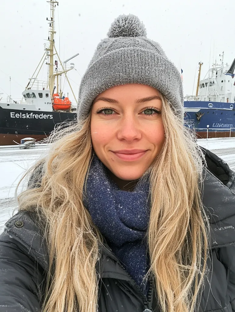A blonde woman with a gray knit beanie and a navy blue scarf smiles for a selfie.  Her long hair is dusted with snow.  In the background, two fishing vessels, "Eelskfreders" and another partially visible ship, are docked in a snowy port. The scene suggests a cold, wintry day in a coastal location.
