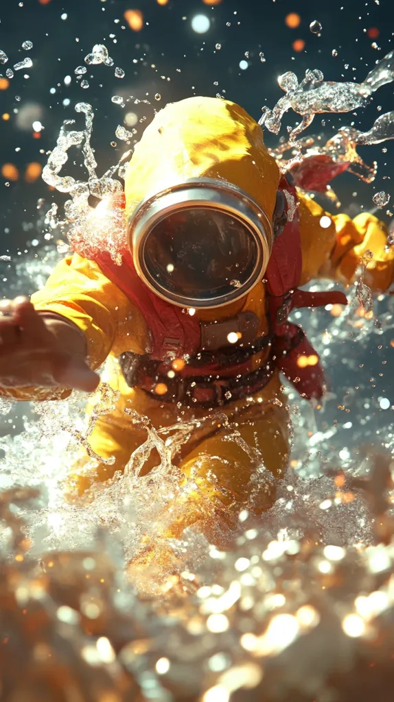 A person in a bright yellow diving suit bursts from the water, surrounded by a spray of sparkling droplets.  The suit's helmet is large and round, and the diver's hand reaches outward.  Golden light reflects off the water, creating a vibrant and dynamic scene. The overall impression is one of action and energy.