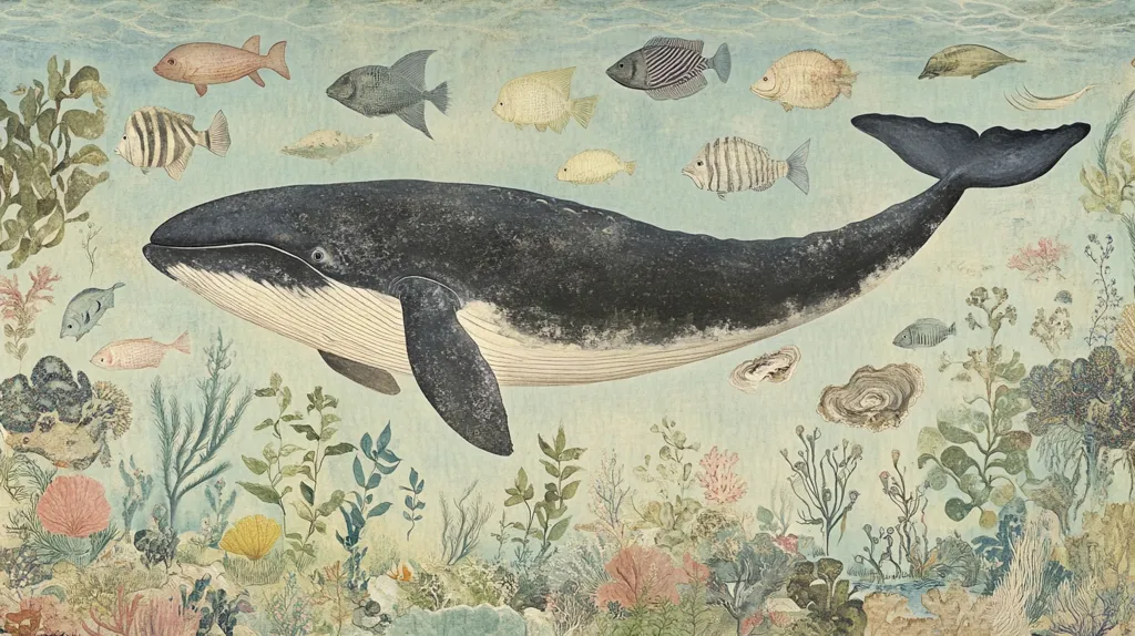 A humpback whale gracefully swims through a vibrant underwater scene.  Surrounding the whale is a diverse array of colorful fish, including striped, yellow, and reddish species. The ocean floor is teeming with a lush variety of coral, seaweed, and other marine plants, creating a detailed and tranquil underwater ecosystem. The artwork is rendered in muted, naturalistic tones, conveying a sense of calm and beauty.