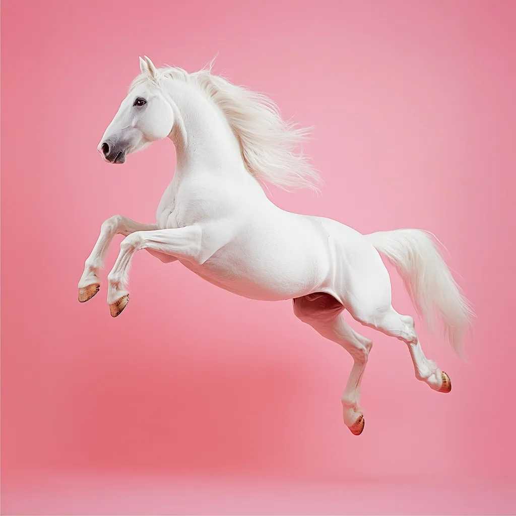 A majestic white horse, seemingly in mid-leap, is captured against a vibrant pink backdrop.  Its long, flowing mane and tail add to its ethereal beauty. The horse's powerful muscles are visible as it elegantly suspends in the air, creating a striking and visually captivating image.  The contrast between the horse's white coat and the pink background enhances the overall impact.