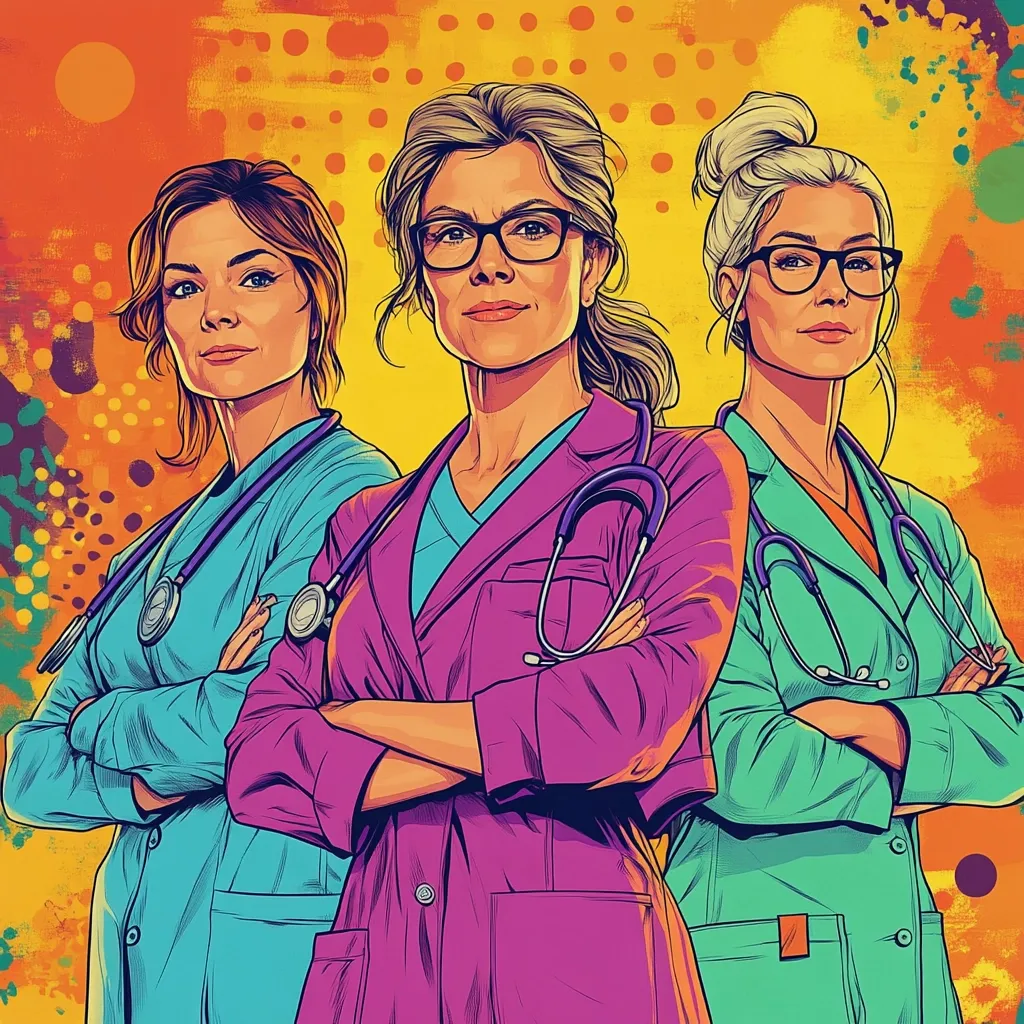 A vibrant, comic-book style illustration showcases three female doctors, arms crossed confidently.  The central figure, in a purple scrub top and stethoscope, commands attention. Flanking her are two colleagues in teal and mint green scrubs, each with stethoscopes.  The background bursts with a dynamic, multicolored energy, highlighting the women's strength and professionalism.