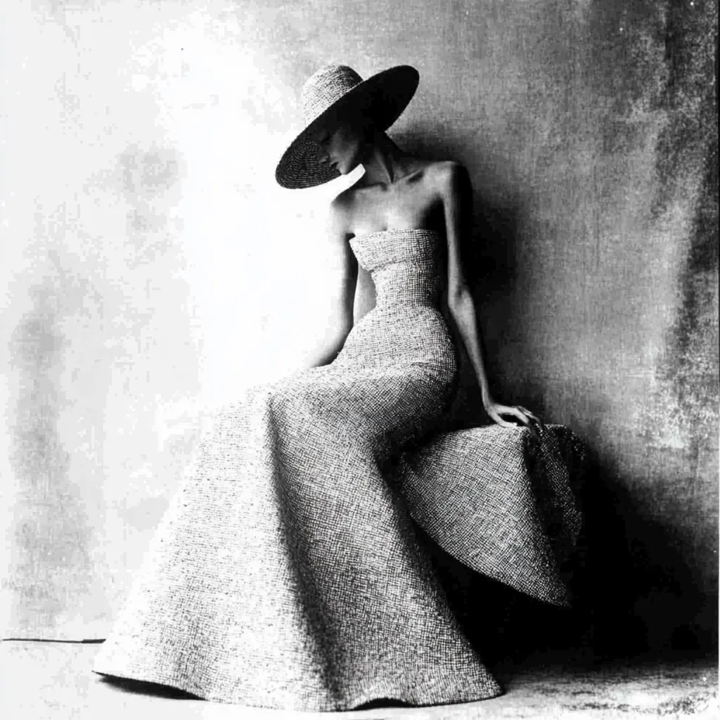 A black and white photograph captures a woman in a textured, floor-length strapless gown.  She sits gracefully, a wide-brimmed hat casting a shadow over her face. The image is styled with a minimalist backdrop, emphasizing the elegant lines of the dress and the woman's poised posture. The overall mood is one of refined sophistication and timeless style.