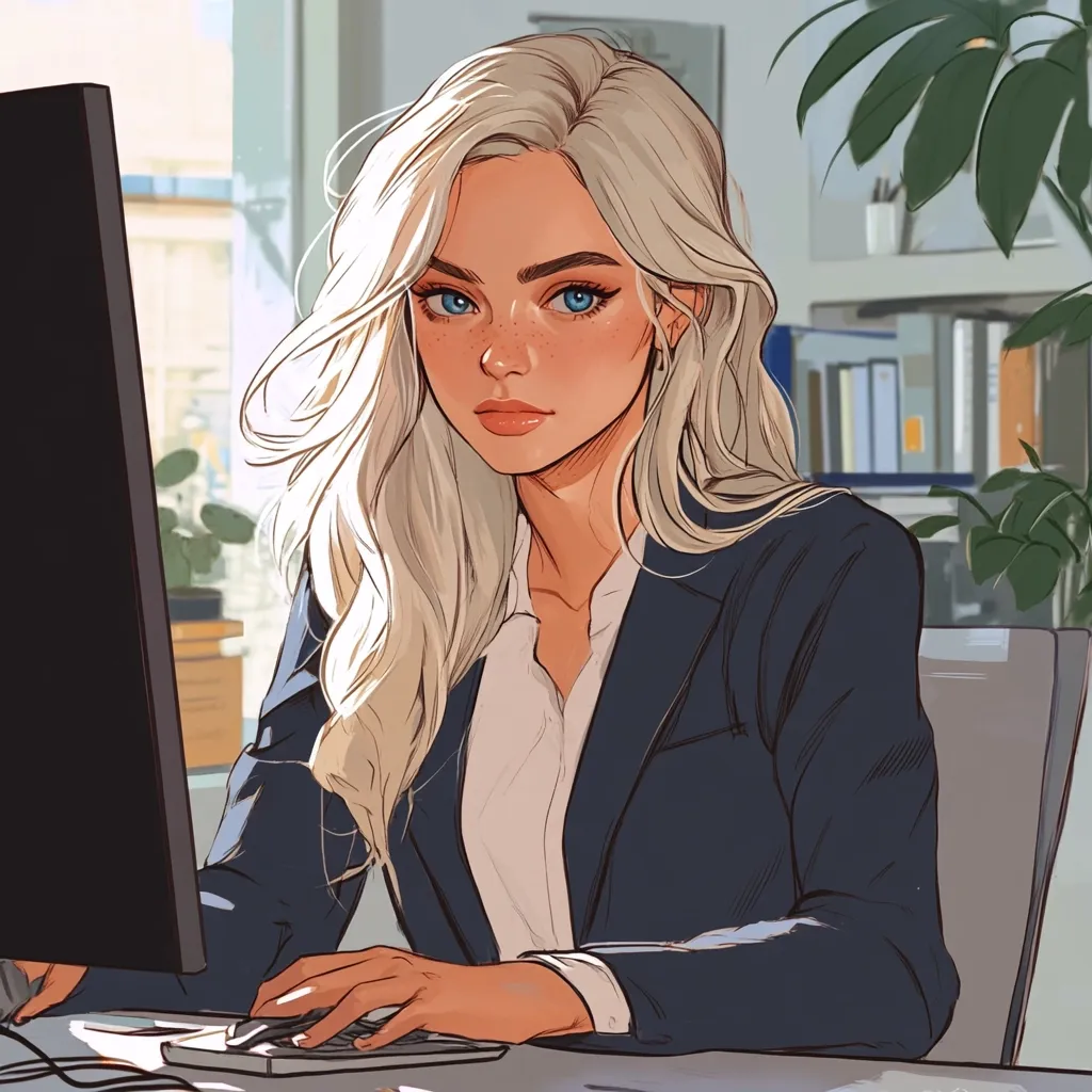 An illustration depicts a young woman with long, blonde hair and blue eyes. She's seated at a desk, wearing a dark blue blazer over a white shirt, and working on a desktop computer.  Her expression is serious and focused. The setting appears to be a modern office, with plants and shelves visible in the background.  The art style is clean and polished, with soft shading and attention to detail in her features.