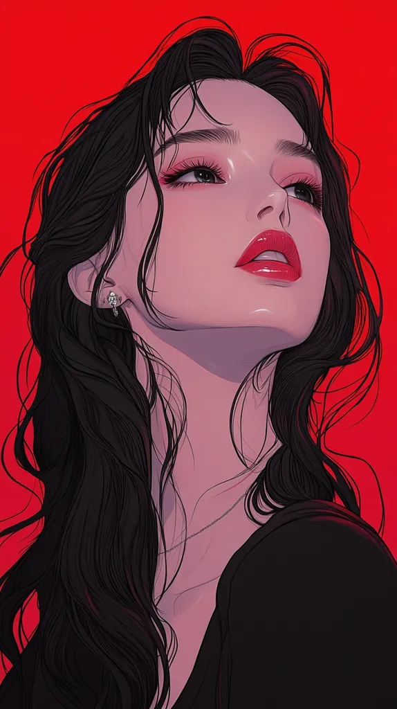 A stylized portrait of a young woman with long, dark hair cascading around her shoulders.  Her face is delicately rendered, featuring striking dark eyes and full, red lips. She gazes upward, creating a sense of longing or contemplation. The vibrant red background enhances the overall dramatic effect, emphasizing the woman's captivating features.  The artwork's style is reminiscent of digital illustration with a focus on clean lines and smooth shading.