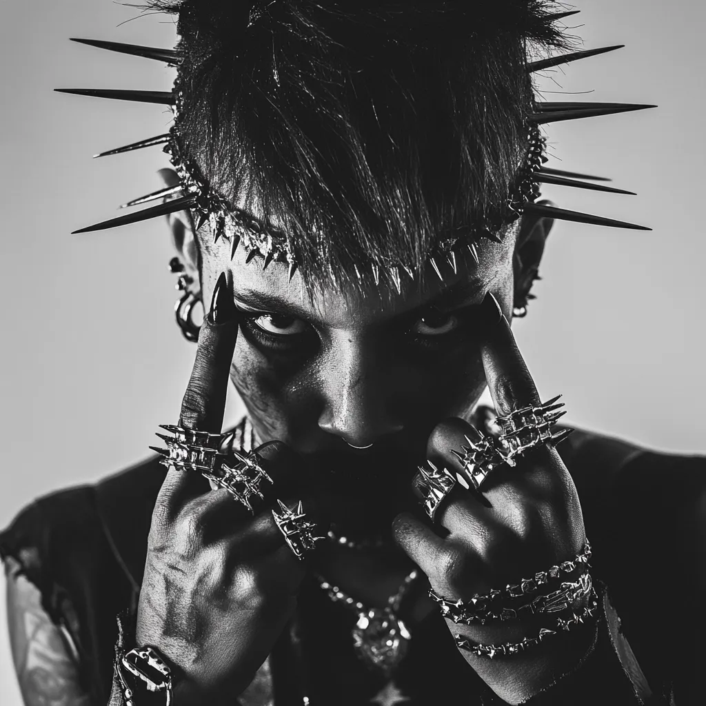A black and white close-up portrait of a person with a heavily spiked hairstyle and numerous metal rings and bracelets.  Their intense gaze is directed at the viewer, and their expression is fierce. The image's monochrome palette enhances the edgy, rebellious aesthetic.  The sharp details of the jewelry and the hair spikes create a striking visual contrast.