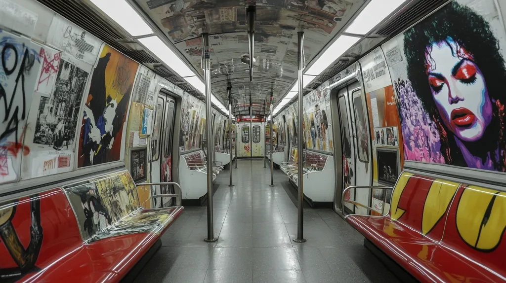 The interior of a subway car is adorned with vibrant posters and graffiti art.  Red seats line the walls, showcasing a collage of images ranging from classic posters to modern street art.  The car is mostly empty, creating a sense of quietude amidst the bustling artwork.  The ceiling is covered in a pattern of smaller images, continuing the eclectic theme.  The overall effect is one of vibrant urban expression.