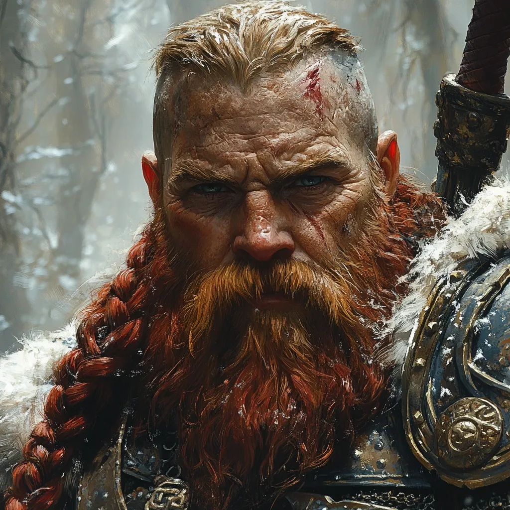 A close-up portrait of a fierce Viking warrior.  He possesses a long, braided, red beard and a shaved head, showcasing battle scars on his face.  His intense gaze and weathered features convey strength and experience. He's clad in ornate, fur-trimmed armor, hinting at a high status or significant role in battle. The snowy background suggests a cold, harsh climate.
