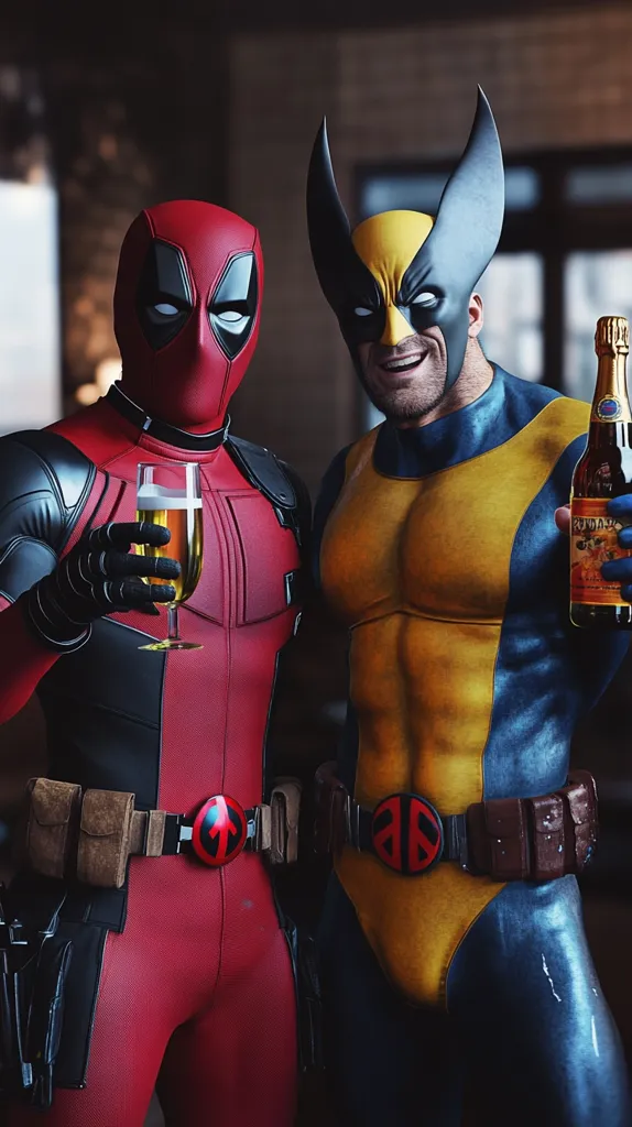 Deadpool and Wolverine, iconic Marvel superheroes, are depicted in a playful image. Deadpool, in his signature red and black suit, holds a glass of beer.  Wolverine, clad in his yellow and blue costume, grins while holding a bottle of what appears to be an alcoholic beverage.  The setting is dimly lit, suggesting a relaxed, after-hours atmosphere.  The image showcases detailed costumes and expressive poses.