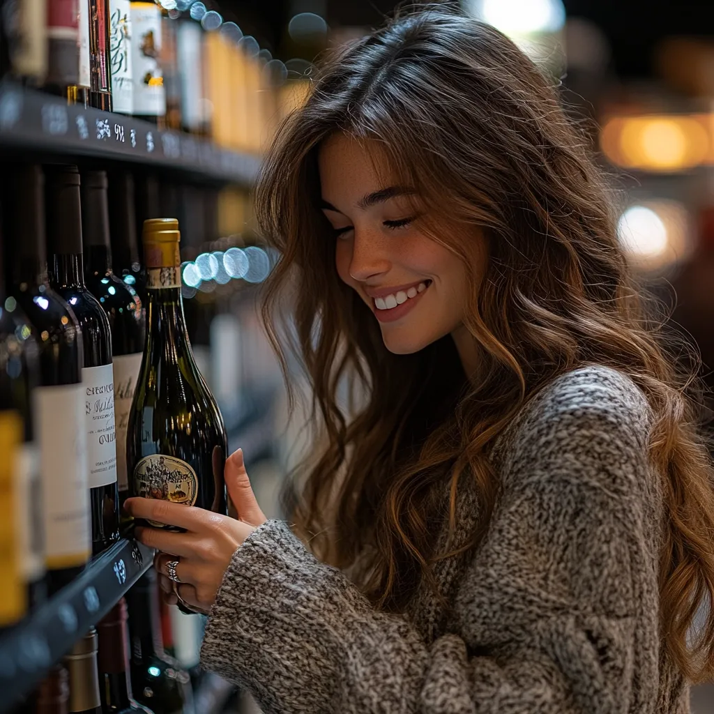 A young woman with long, wavy brown hair smiles as she examines a bottle of wine on a shelf in a liquor store.  The store's warm lighting creates a bokeh effect in the background.  She's wearing a cozy, gray knit sweater, and her focus is intently on selecting her wine.  The image conveys a feeling of warmth and a relaxed shopping experience.